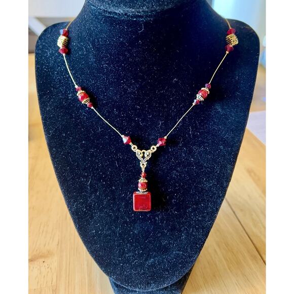 Vintage Look Gold Bronze Tone Red Glass Drop Beads Necklace, Handmade NEW - Picture 3 of 8